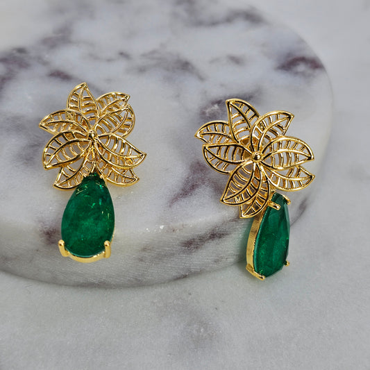 Aro Baño de Oro Cristal Austriaco Flor Colgante Gota Verde