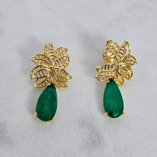 Aro Baño de Oro Cristal Austriaco Flor Colgante Gota Verde