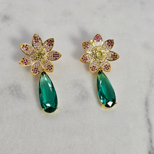 Aro Baño de Oro Cristal Austriaco Flor Gota Esmeralda