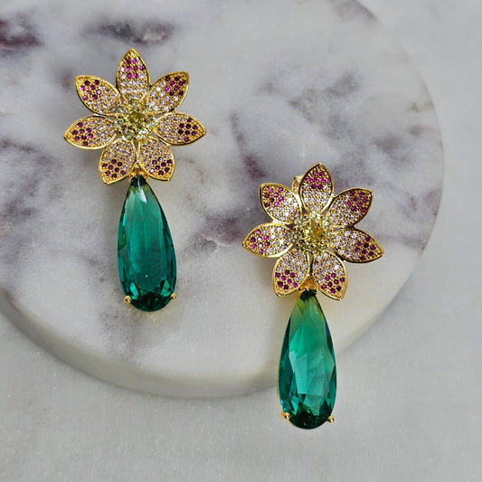 Aro Baño de Oro Cristal Austriaco Flor Gota Esmeralda