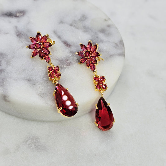 Aro Baño de Oro Cristal Austriaco Flor y Gota Rubi