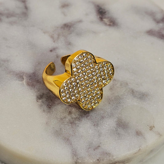 Anillo Baño de Oro Cristal Austriaco Trebol Grande