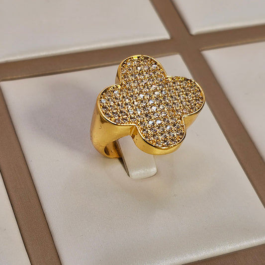 Anillo Baño de Oro Cristal Austriaco Trebol Grande