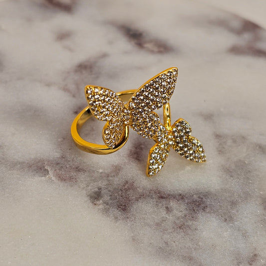 Anillo Baño de Oro Cristal Austriaco Doble Mariposa