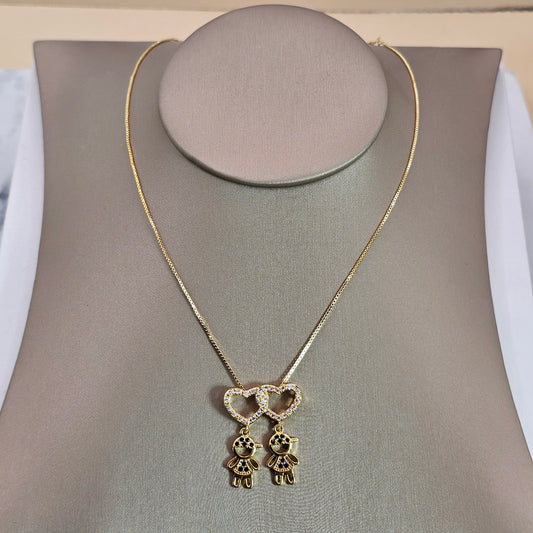 Collar Baño de Oro Sutil Doble Corazon Niños Cristal Azul