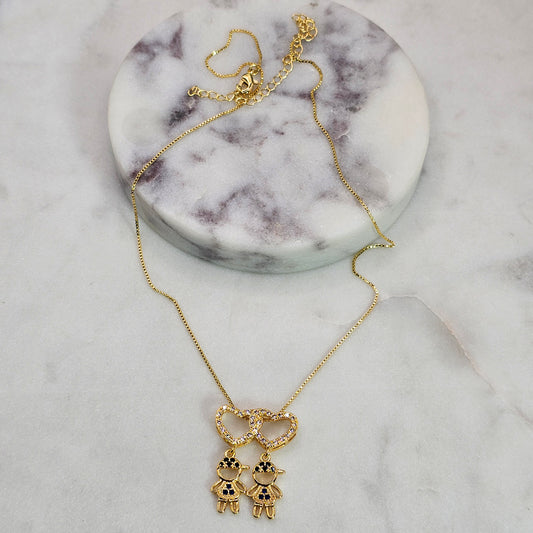 Collar Baño de Oro Sutil Doble Corazon Niños Cristal Azul