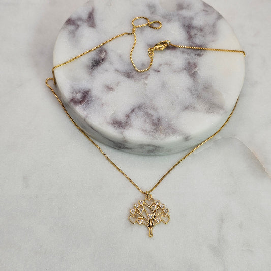 Collar Baño de Oro Sutil Arbol de la Vida Cristales