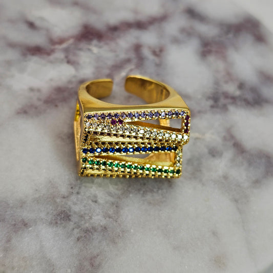 Anillo Baño de Oro Cristal Austriaco Cuadrado Multicolor