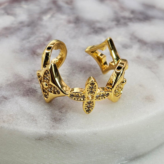 Anillo Baño de Oro Cristal Austriaco Trebol Entrelazado