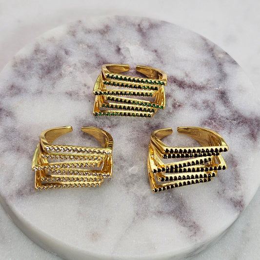 Anillo Baño de Oro Cristal Austriaco Lineas Geometricas