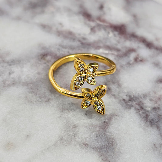 Anillo Baño de Oro Cristal Austriaco Doble Flor Pequeña
