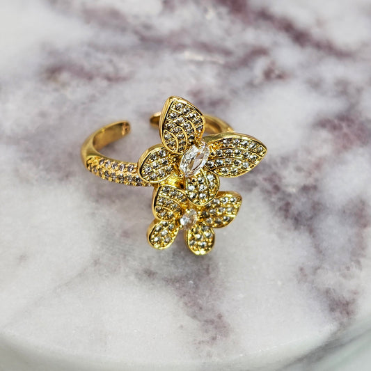 Anillo Baño de Oro Cristal Austriaco Delicadas Flores