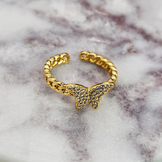 Anillo Baño de Oro Cristal Austriaco Fina Mariposa Sutil