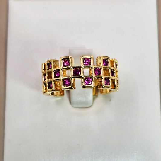 Anillo Baño de Oro Cristal Austriaco Geometrico Cuadriculado