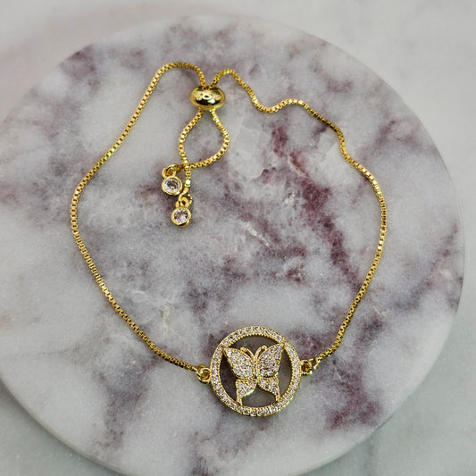 Pulsera Baño de Oro Sutil Cristal Austriaco Mariposa Enmarcada