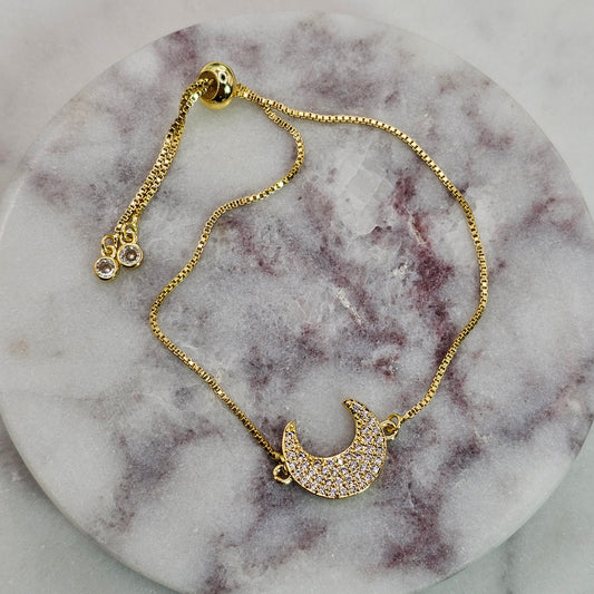 Pulsera Baño de Oro Sutil Cristal Austriaco Luna Creciente