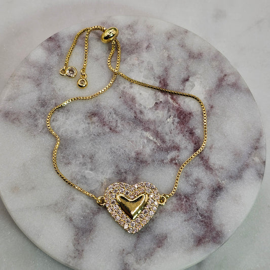 Pulsera Baño de Oro Sutil Cristal Austriaco Doble Corazon