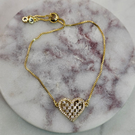 Pulsera Baño de Oro Sutil Cristal Austriaco Corazon Calado