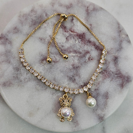 Pulsera Baño de Oro Sutil Cristal Austriaco Osito Perlas