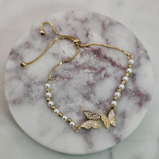 Pulsera Baño de Oro Sutil Cristal Austriaco Doble Mariposa Perlas