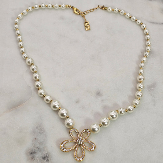 Collar Baño de Oro Cristal Austriaco Flor Desigual Perlas